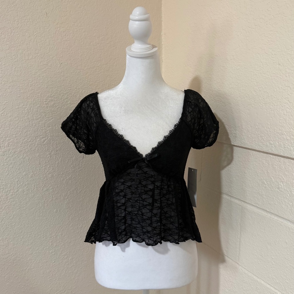 H+H by Heart Hips‎ Lace Babydoll Top Womens Small Black Coquette Goth